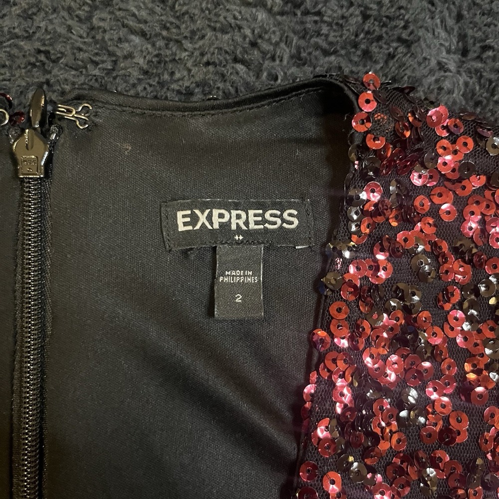 Express Women‎ Burgundy Black Sequin V-Neck Sheath Cocktail Mini Dress Size 2 - Picture 8 of 9